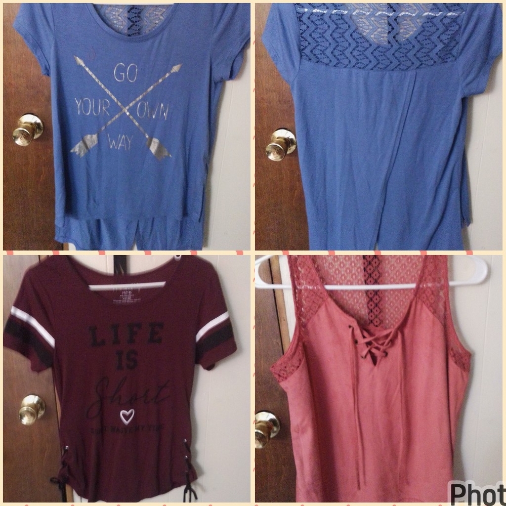 Blue and Burgundy Graphic Tees and Lace Tank Top Set